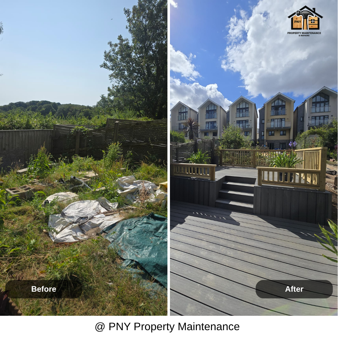 Split level composite decking transformation before and after