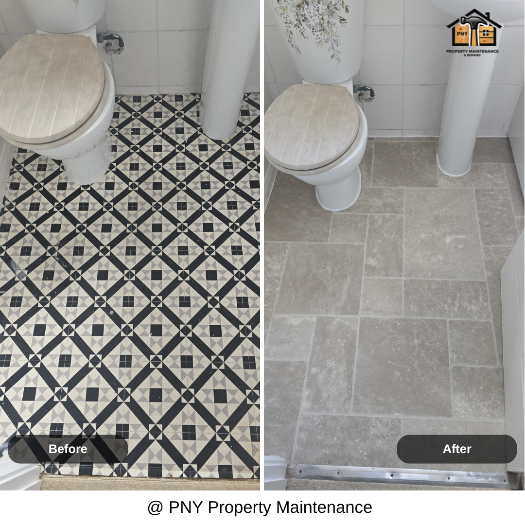 Toilet vinyl flooring replacement before and after
